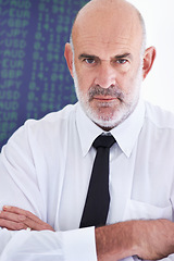 Image showing Stock exchange portrait, arms crossed and serious man, senior trader or broker with confidence in financial crypto market. Trading numbers, finance data and male person focus on business investment