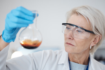 Image showing Woman, chemical test and science research or medical analysis in a laboratory for investigation or study. Face of a scientist person with liquid, goggles and flask for future medicine or innovation