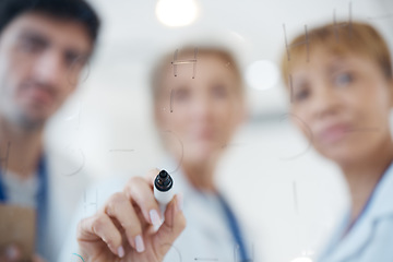 Image showing Doctor, hands and writing strategy for healthcare planning, schedule or brainstorming on vision board. Hand of medical professional in team collaboration, development or project plan at the hospital