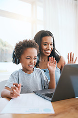 Image showing Laptop, video call and mother with child learning, online education and school help or support in virtual class. African family and child wave hello on computer, happy for writing or teaching at home