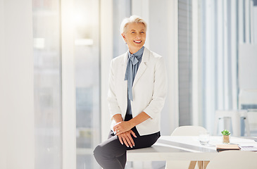 Image showing Elderly business woman, portrait and smile for career vocation, management position or corporate work. Sitting, confident pride and relax female person, leader or boss happy for company success