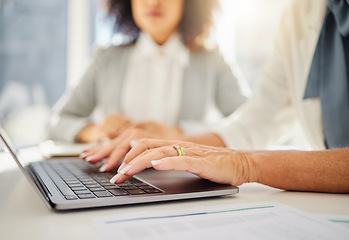 Image showing Laptop, closeup and hands of business woman in office for research, planning and email. Website, online and technology with female employee typing corporate report for idea, internet and digital