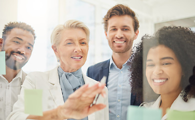 Image showing Happy business people, meeting and planning for brainstorming, ideas or strategy on vision board at office. Employees with smile in team collaboration for schedule project plan, tasks or sticky note