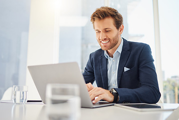 Image showing Happy, laptop reading and business man working in a office with website data and email planning. Entrepreneur, management worker and online database analyst typing on a computer for a web update