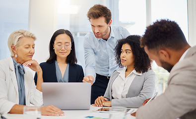 Image showing Laptop, meeting and business people in office for creative, collaboration and training. Coaching, strategy and group with diversity online for proposal, review and brainstorming solution together