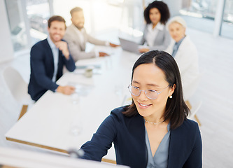 Image showing Office meeting, presentation report and happy woman writing business strategy, client investment plan or brand ideas. Presenter, listening team and Japanese person, manager or coach teaching group