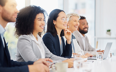 Image showing Conference, panel and happy business people listening to presentation speech, proposal plan or corporate strategy. Meeting, seminar event and diversity team, group or audience listen to idea pitch