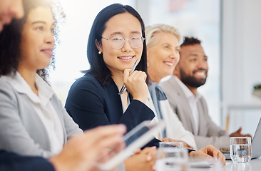 Image showing Conference meeting, portrait and happy woman, row of business people or Asian manager listening at tradeshow panel. Audience, attention or female person smile during trade show presentation