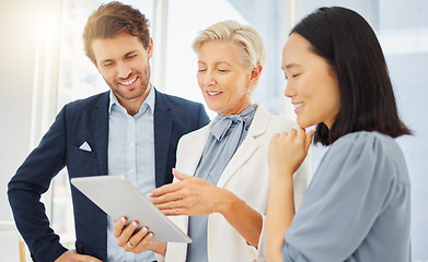 Image showing Coaching, tablet and smile with business people in office for idea, support and collaboration. Diversity, technology and report with group of employees in corporate company for planning and strategy