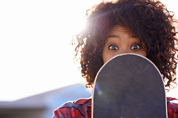 Image showing Surprise, cover and portrait of woman with skateboard for fitness, urban and hiding in outdoors. Training, skating and youth with female skater for hipster, relax and skateboarder in city park mockup