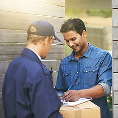 Image showing Man, sign paperwork and home for package, ecommerce or delivery with smile, customer experience pr outdoor. Logistics service, e commerce and guy with signature, pen or document for box at house gate