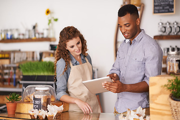 Image showing Tablet, cafe owner and teamwork of people talking, discussion and manage orders. Waiters, black man and woman in restaurant with technology for inventory, stock check and managing sales in store.