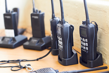 Image showing Charge, radio and walkie talkie for communication, equipment and battery with connection. Technology, tools and receiver with transmitter, portable and security with protection, energy and network