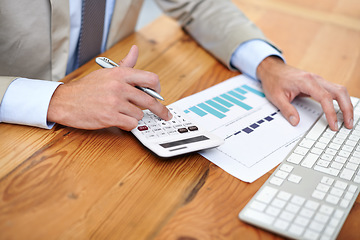 Image showing Hands, closeup and man with calculator, charts and keyboard with planning, budget and documents. Male person, accountant and employee with paperwork, economy and inflation with investment and taxes