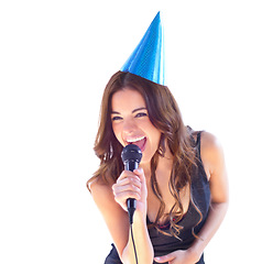 Image showing Birthday, party and karaoke with woman and singing in studio for celebration, music and mockup. Happy, performance and concert with female singer and microphone isolated on white background for event