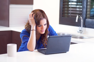 Image showing Business, home and woman with stress, laptop and mistake with headache, error and a glitch. Female person, employee and entrepreneur with technology, connection problem and burnout in the kitchen