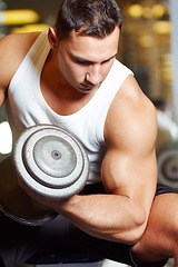 Image showing Arm muscle, focus and man doing dumbbell workout, athlete fitness challenge or training for bodybuilding development. Health lifestyle, bicep gym equipment and male bodybuilder curling iron dumbbells