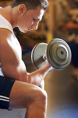 Image showing Arm, dumbbell exercise and man doing gym workout, sports fitness or bodybuilding for muscle growth. Wellness lifestyle, commitment and muscular male athlete with bicep weightlifting determination