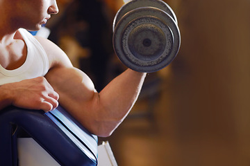 Image showing Arm strength, dumbbell and man with training routine, athlete determination or focus on power, health or club challenge. Determined, healthy fitness and ripped person workout for strong bicep growth