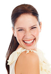 Image showing Beauty, portrait and happy woman laughing at funny joke, studio comedy and smile for face makeup, cosmetics or skincare. Happiness, comic humor and female person laugh isolated on white background