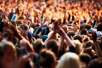 Image showing Dance, music and party with crowd at festival for concert, dj show and rave performance. Rock, energy and hands of people dancing in audience for celebration, disco and techno event