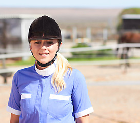 Image showing Woman, horse jockey and portrait of a young athlete on equestrian training ground for show and race. Outdoor, female person face and mockup on a animal farm for dressage with rider and horses