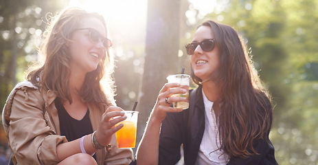 Image showing Relax, women and friends with drinks, outdoor and happiness for bonding, quality time and cheers. Female people, girls and ladies drinking, outside and celebration with joy, cheerful and social event