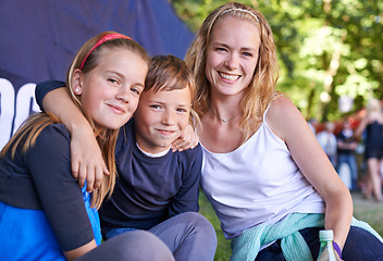 Image showing Happy, festival and camping with portrait of family for music, techno and concert performance, Smile, celebration and bonding with woman and children in nature for summer, carnival and event