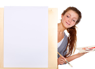 Image showing Woman, painting and art canvas in studio for creativity and talent with paint and a brush for color. female artist or painter person isolated on a white background for creative work and mockup space