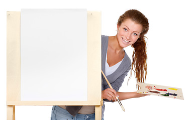 Image showing Art, painter portrait and woman with canvas in studio with creativity, talent and paint brush for color. Happy female artist isolated on a white background for creative painting and mockup space