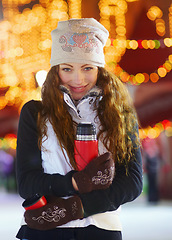 Image showing Woman, ice skating and outdoor portrait with coffee in night winter holiday, training or exercise. Girl, vacation and happiness for sport, skate or fitness with excited face for drink, matcha or coco