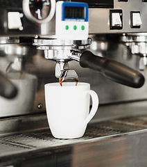 Image showing Pouring coffee, cup and machine in cafe for cappuccino, latte beverage or hot drink. Restaurant, electrical appliance and caffeine mug for making or brewing espresso in retail shop or small business.