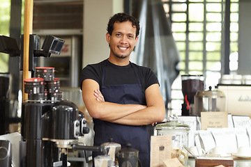 Image showing Coffee shop, barista and portrait of a man as small business, restaurant or startup owner with pride. Smile of a happy entrepreneur man working as a waiter or manager in a cafeteria, cafe or store