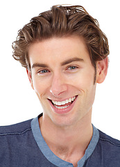 Image showing Happy, smile and portrait of a man in a studio with a positive, confident and good mindset. Happiness, confidence and headshot face of a handsome, young and male model isolated by a white background.