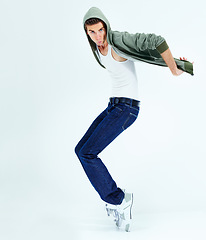 Image showing Dance, hip hop and portrait of man in studio for performance, music and cool. Balance, happy and fashion with male dancer isolated on white background for energy, hipster and urban style mockup