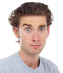 Image showing Surprise, suspicious and portrait of a man in a studio with a raised eyebrow and shocked face expression. Curious, confused and male model with a wtf surprised face isolated by a white background.