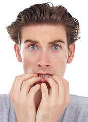 Image showing Stress, anxiety and portrait of a man with worry and fear in a studio biting nails. Isolated, white background and male model face with terror, shock and afraid feeling nervous and anxious with panic