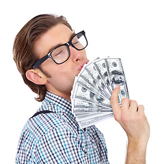 Image showing Money, rich and man kiss dollars in studio isolated on white background. Winner, male person and kissing cash after winning lottery, competition or prize, cashback or bonus, financial freedom or deal