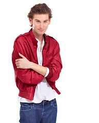 Image showing Portrait, fashion and trendy casual male model in a studio or white background. Quirky or funky, isolated person with arms crossed with focus and happy or confident man promote or market clothing