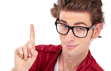 Image showing Isolated, portrait and man pointing a finger up and person in glasses, hand gesture and advice on white studio background. Serious, geek or nerd eyewear and point for one, yes or correct choice