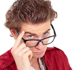 Image showing Doubt, peering and glasses with portrait of man in studio for questions, thinking and curious. Skeptical, confused and serious with closeup face of male model isolated on white background for review