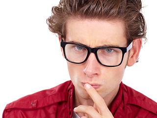 Image showing Glasses, thinking portrait of man with hand on lip and in studio or white background. Choices or decision, male model with concentration or focus expression with spectacles and finger on mouth