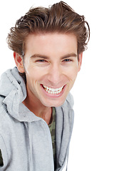 Image showing Happy, smile and portrait of man in studio for confidence, pride and satisfaction. Happiness, natural and positive with face of male model isolated on white background for carefree, cheerful and joy