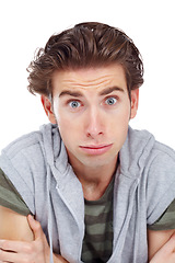 Image showing Anxiety, shocked and portrait of man in studio for surprise, worry and amazed. Nervous, fear and mental health with face of male model isolated on white background for concerned, alert and stunned