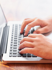 Image showing Laptop, typing and hands of business man at desk for research, website and communication. Technology, internet and email with closeup of male employee at computer for planning, digital and networking