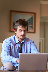 Image showing Focus, laptop and business man in office for research, communication and website. Technology, internet and corporate email with male employee typing on computer for online, connection and networking