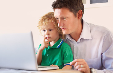 Image showing Laptop, elearning and father with kid in home for homework, homeschool and studying. Computer, online education and child with dad for learning, teaching or knowledge, helping and bonding in house.