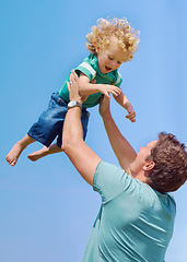 Image showing Happy, lifting and air with father and son for playful, bonding and parenting. Smile, summer and affectionate with man and young boy playing for happiness, trust and free time on weekend