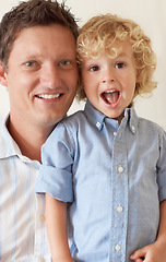 Image showing Love, happy family and portrait of father with child in living room. Caring or happiness, people bonding and male single parent with son spending quality time together indoors at their home.