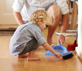 Image showing Father with boy child sweeping up mess, family cleaning together and help with broom and dustpan. Hygiene, chores and house work, man and kid bonding, working together and helping with dirt on floor